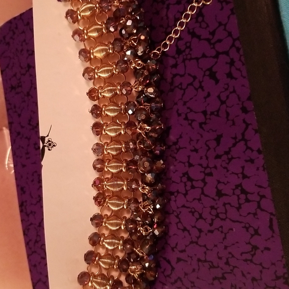 Purple Beaded Waterfall Choker or Bib Necklace (13"-19") in Goldtone - Picture 9 of 9